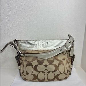 Coach Silver and Tan Shoulder Bag with Signature Design